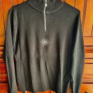 Meister Black Mock Turtleneck Sweater with Zipper & Rhinestone Detail